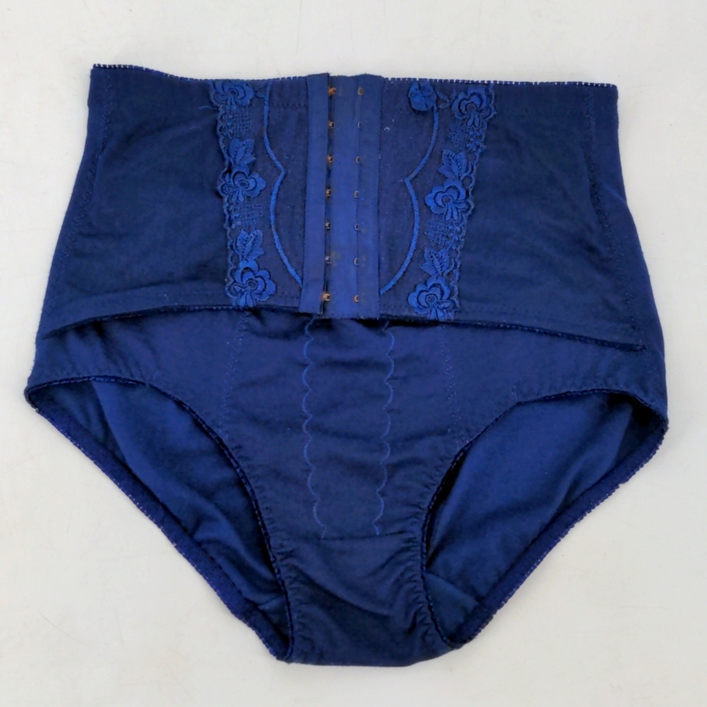 Vintage Navy Blue Stretchy Shapewear Granny Briefs Panties Flowers Bows 2XL